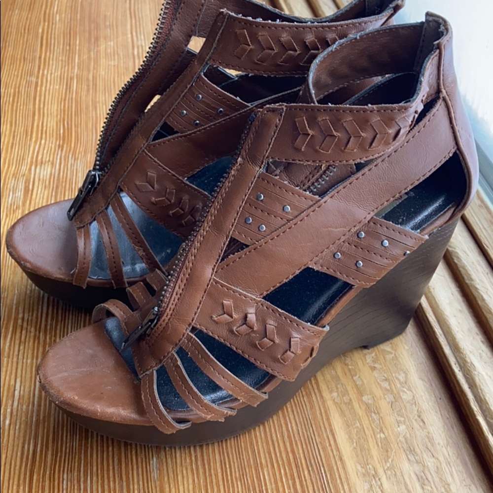 Brown zip up heeled wedges